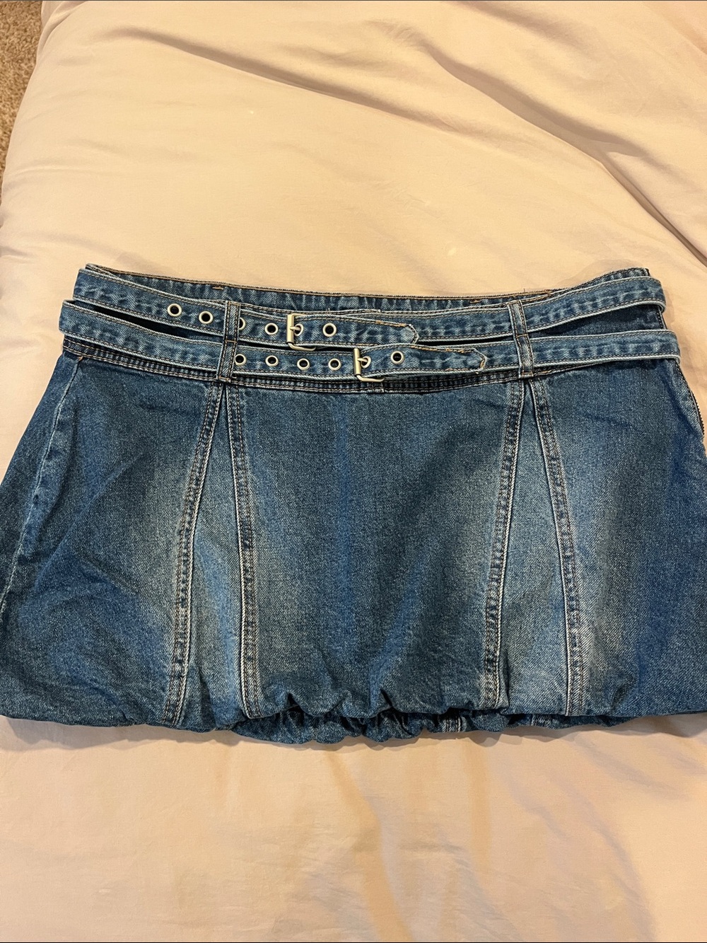 High-Waist Blue Denim Mini Skirt with Double Belt Detail